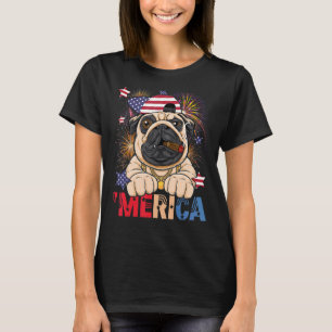 Merica Bulldog Cigar American Flag Cap Fireworks 4 T-Shirt