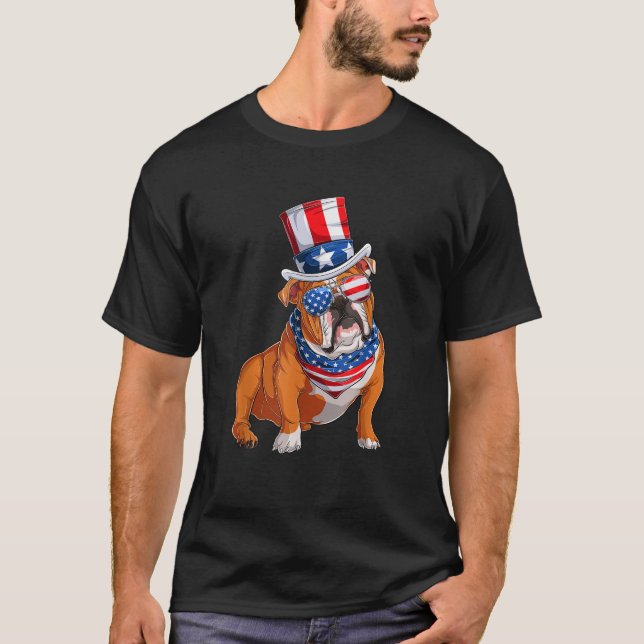 Merica Bulldog Dog 4th of July American Flag  T-Shirt (Front)