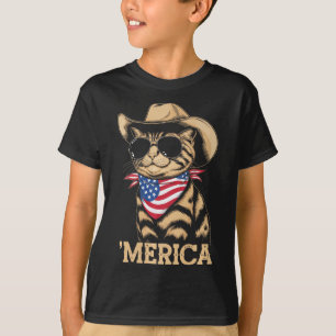 Merica Cat Patriotic American Flag Cowboy Sungles T-Shirt