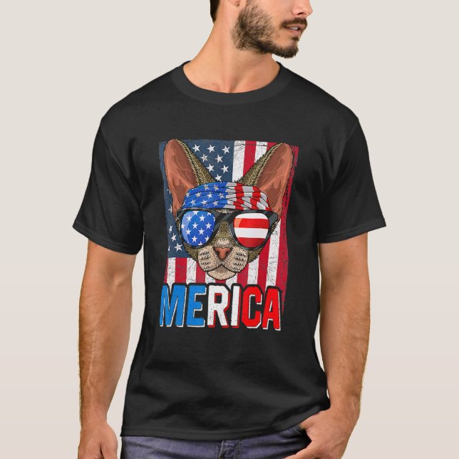 Merica Devon Rex Cat 4th Of July  American Flag  T T-Shirt (Front)