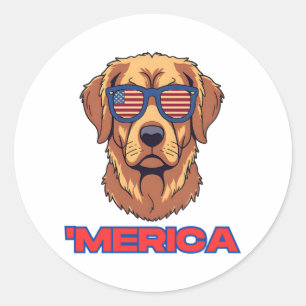 Merica Dog with USA Flag Sunglasses Patriotic Art Classic Round Sticker