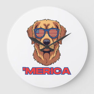 Merica Dog with USA Flag Sunglasses Patriotic Art Large Clock