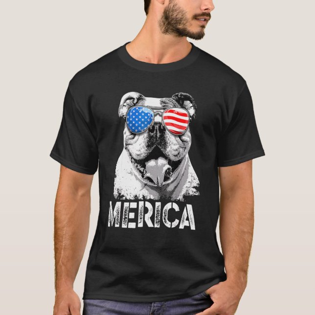 Merica English Bulldog Patriotic American Usa Flag T-Shirt (Front)