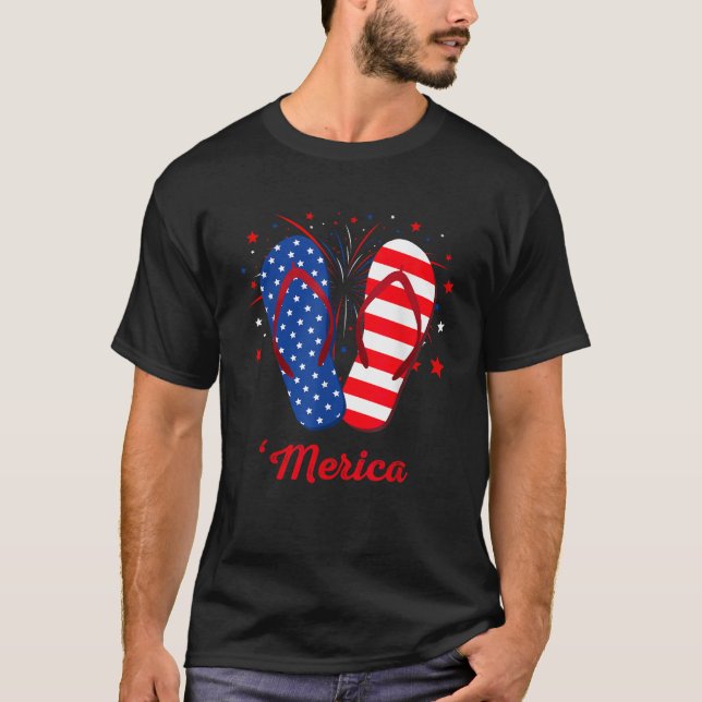 Merica Flip Flops Lover USA Flag Fireworks 4th Of  T-Shirt (Front)