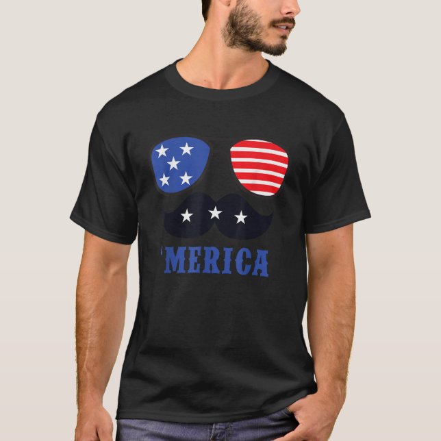  Merica Fourth of July Cool Shades Moustache T-Shirt (Front)