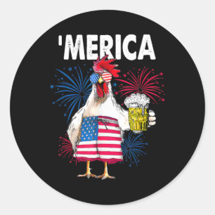 Merica Funny Chicken With Beer Usa American Flag 4 Classic Round Sticker
