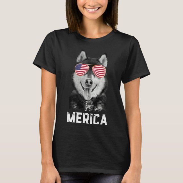Merica Funny Siberian Husky Puppy Dog  American Fl T-Shirt (Front)
