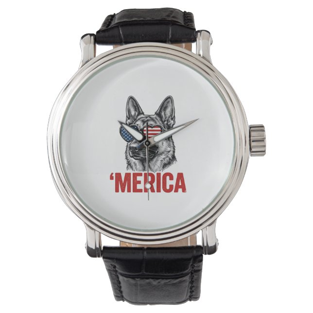 Merica German Shepherd Flag Sunglasses Shirt Desig Watch (Front)