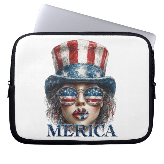 Merica Girl, Fourth of July Glam Girl with Stars  Laptop Sleeve (Front)