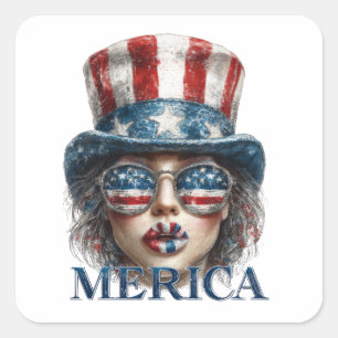 Merica Girl, Fourth of July Glam Girl with Stars Square Sticker