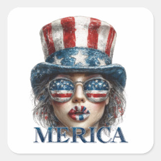 Merica Girl, Fourth of July Glam Girl with Stars  Square Sticker
