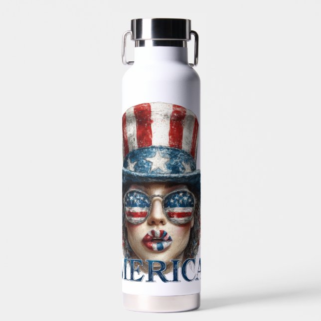 Merica Girl, Fourth of July Glam Girl with Stars  Water Bottle (Front)