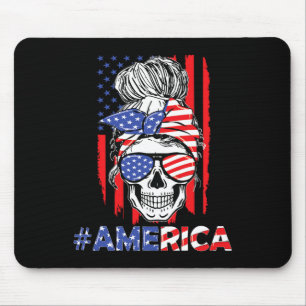 Merica Messy Bun Skull 4th Of July American Flag W Mouse Mat