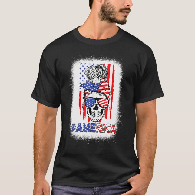Merica Messy Bun Skull 4th Of July American Flag W T-Shirt (Front)