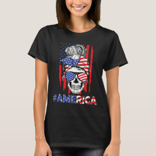Merica Messy Bun Skull 4th Of July American Flag W T-Shirt