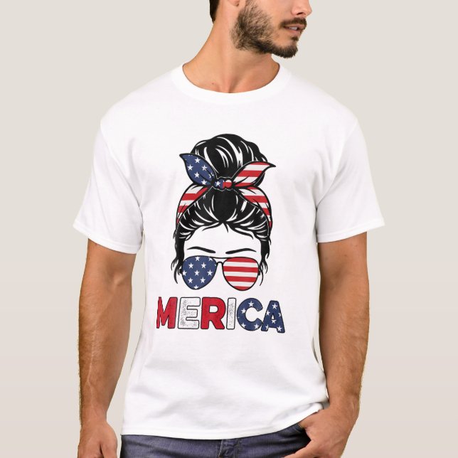 Merica Mum Girl American Flag Messy Bun Hair 4Th O T-Shirt (Front)