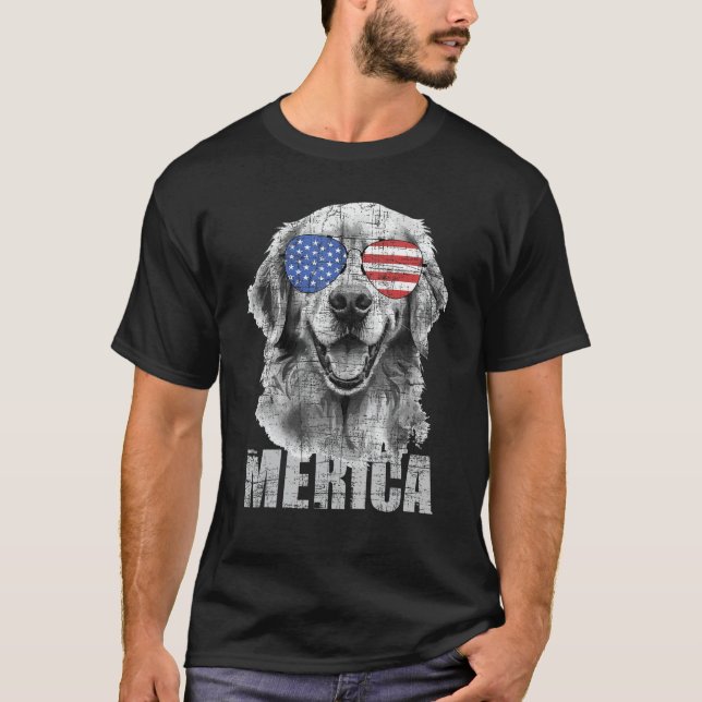 Merica - Patriotic American Flag Golden Retriever  T-Shirt (Front)