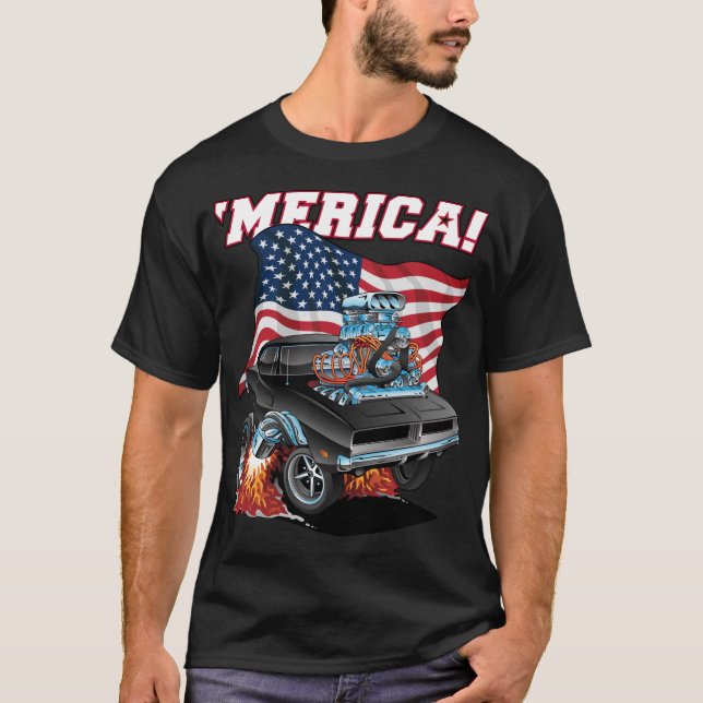Merica Patriotic Classic Muscle Car with USA Flag T-Shirt (Front)