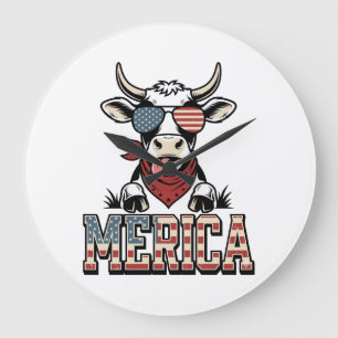 Merica Patriotic Cow Vintage Engraving Graphic_1 Large Clock