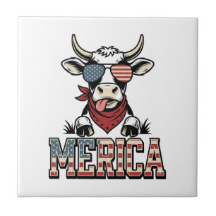 Merica Patriotic Cow Vintage Engraving Graphic_1 Tile