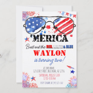 'Merica Patriotic Red White and Blue 2nd Birthday Invitation