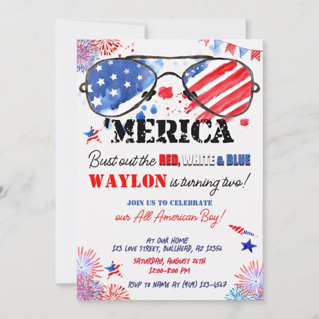 'Merica Patriotic Red White and Blue 2nd Birthday  Invitation (Front)