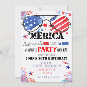 'Merica Patriotic Red White and Blue Birthday Invitation