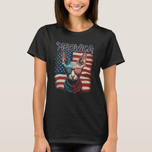 Merica Patriotic Sphynx Cat Meowica 4th of July Ca T-Shirt (Front)