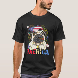 Merica Pug Us Flag Cap Fireworks 4th Of July Patri T-Shirt