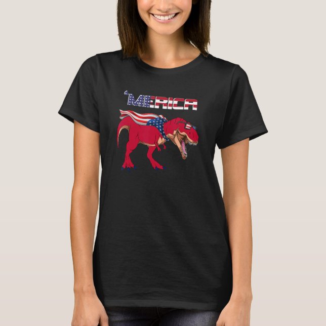 Merica Rex Dinosaur With American Flag & Usa Sungl T-Shirt (Front)