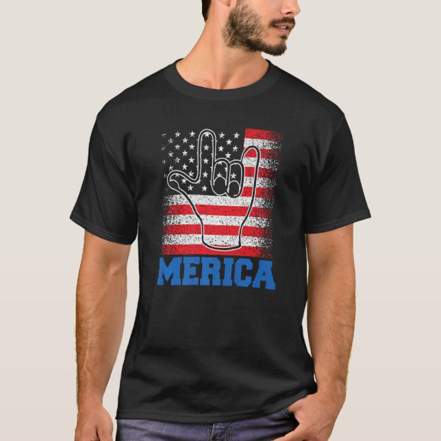 Merica Rock Sign 4th of July US USA American Flag  T-Shirt (Front)