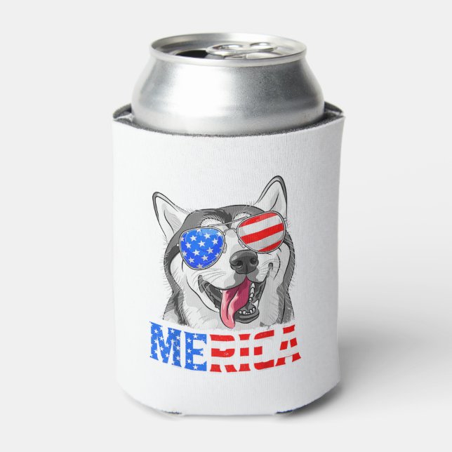 Merica Siberian Husky Dog American Flag 4th Of Jul Can Cooler (Can Front)