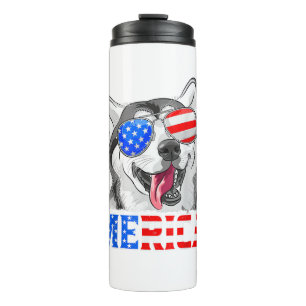 Merica Siberian Husky Dog American Flag 4th Of Jul Thermal Tumbler