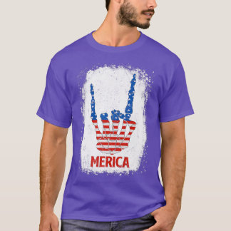 Merica Skeleton Rock Sign 4th of July USA Flag Pat T-Shirt