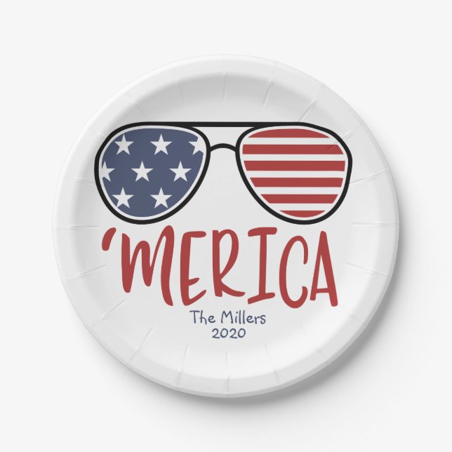 Merica Sunglasses 4th of July Paper Plate (Front)