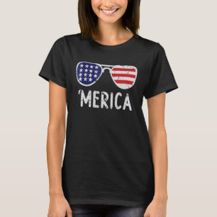 Merica Sunglasses 4th Of July USA Flag Patriotic V T-Shirt