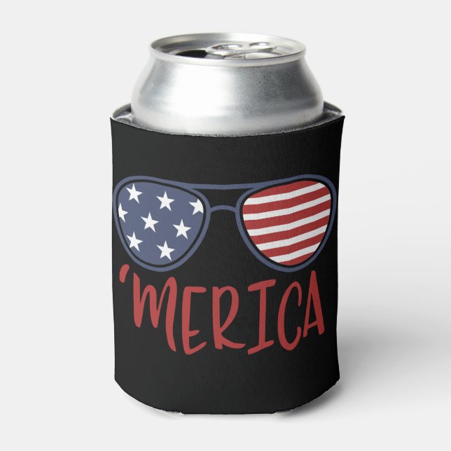 Merica Sunglasses Patriotic 4th Of July Can Cooler (Can Front)