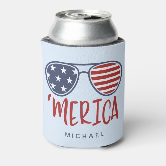 Merica Sunglasses Patriotic 4th Of July Can Cooler (Can Back)
