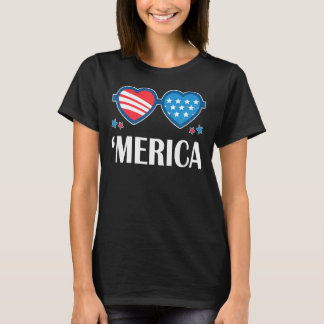 Merica Sunglasses With American Flag Heart For Dad T-Shirt