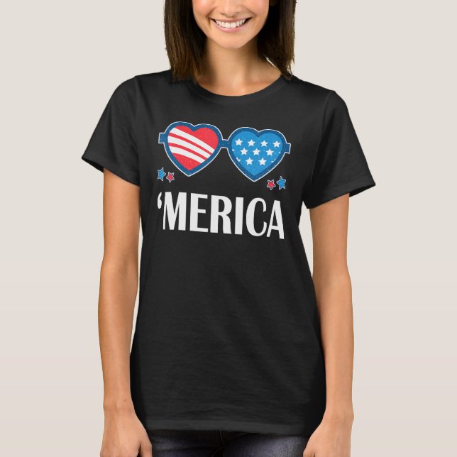 Merica Sunglasses With American Flag Heart For Dad T-Shirt (Front)