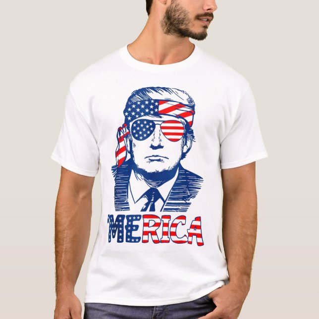 MERICA TRUMP Happy 4th Of July Trump American Flag T-Shirt (Front)