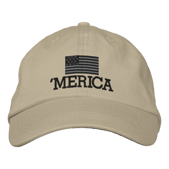 Merica with Grey and Black American Flag Embroidered Hat (Front)