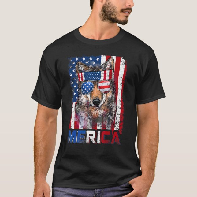   Merica Wolf With American Flag Patriotic 4th Of  T-Shirt (Front)
