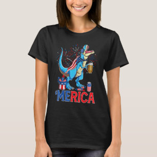 Merican Rex & Beer Glass USA Flag Indepedence Day T-Shirt
