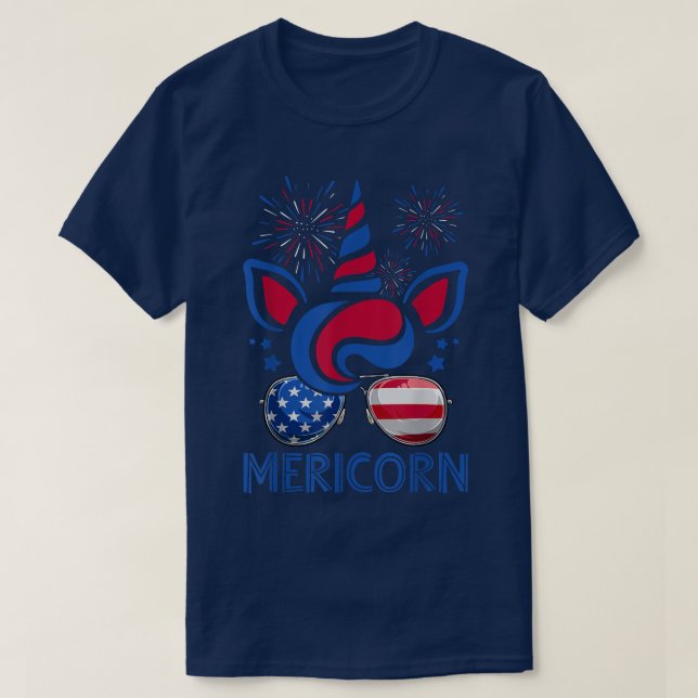 Mericorn Unicorn Face & American Flag Sunglasses 4 T-Shirt (Design Front)