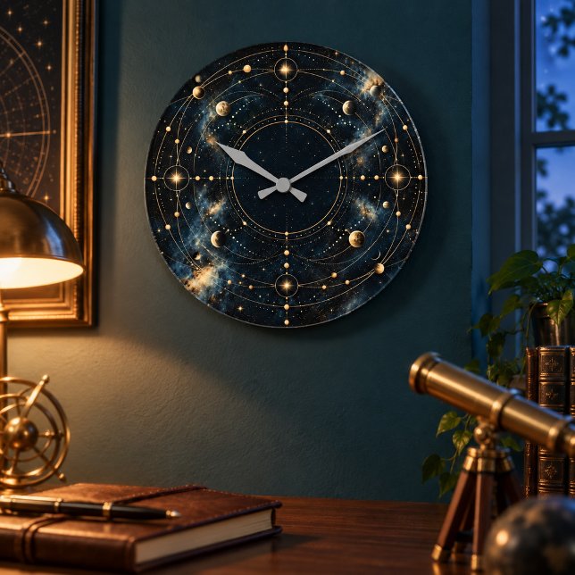 Meridian Sky Wall Clock (8-inch acrylic clock, grey hands. Flat printed gold-look art. Styled room; props not included.)