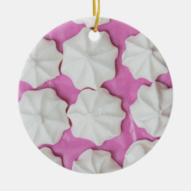 Meringues on pink paper gift ceramic tree decoration (Front)