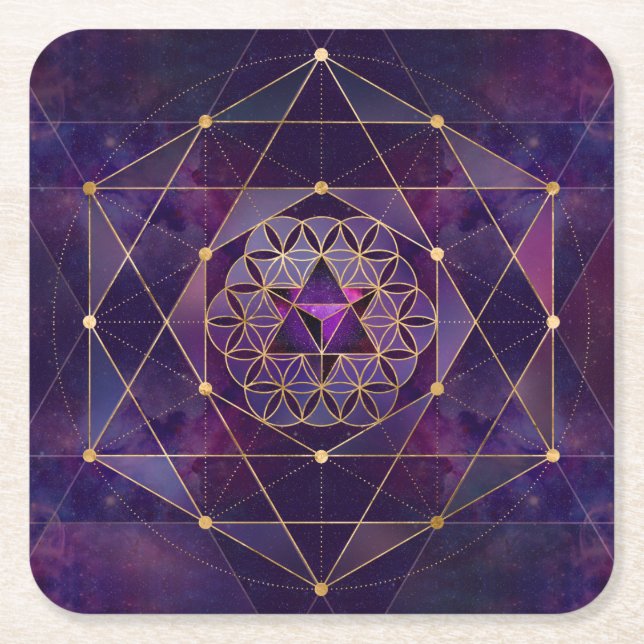 Merkabah in flower of life - Sacred Geometry Square Paper Coaster (Front)
