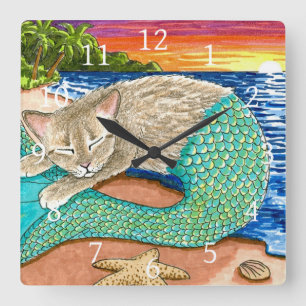 Merkitty on the beach sunset Cat Mermaid 23  Square Wall Clock