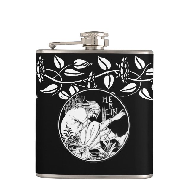 Merlin Art Nouveau fantasy Hip Flask (Front)